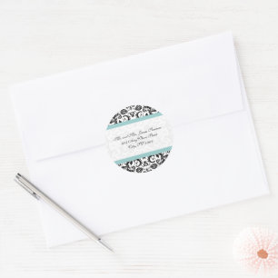 Aqua Blue Black Damask Adresse Hochzeitsticker Runder Aufkleber