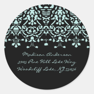Aqua Blue & Black Damask Adressenaufkleber Runder Aufkleber