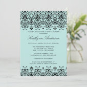 Aqua Blue & Black Damask Bridal Dusche Einladung (Stehend Vorderseite)