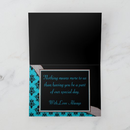 Aqua Blue & Black Damask Gem Sparkle Dankeskarte (Innenseite)