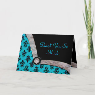Aqua Blue & Black Damask Gem Sparkle Dankeskarte