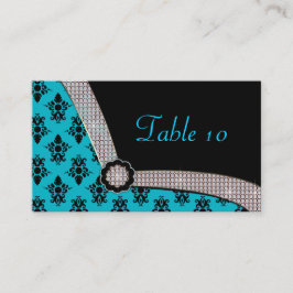 Aqua Blue & Black Damask Gem Sparkle Platzkarte