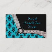 Aqua Blue & Black Damask Gem Sparkle Platzkarte (Rückseite)
