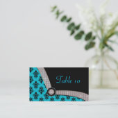 Aqua Blue & Black Damask Gem Sparkle Platzkarte (Stehend Vorderseite)