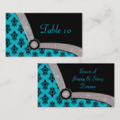 Aqua Blue & Black Damask Gem Sparkle Platzkarte (Vorne/Hinten)