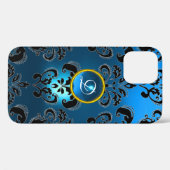 AQUA BLUE BLACK DAMASK GEMSTONE MONOGRAMM Case-Mate iPhone HÜLLE (Rückseite (Horizontal))