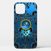 AQUA BLUE BLACK DAMASK GEMSTONE MONOGRAMM Case-Mate iPhone HÜLLE (Rückseite)