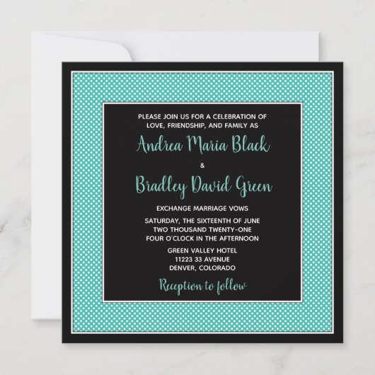 Aqua Blue Black Polka Dot Wedding Einladung (Vorderseite)