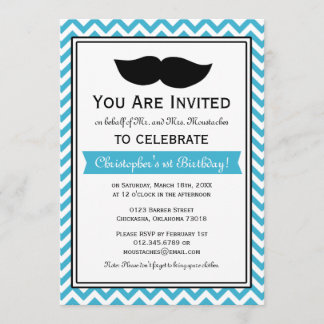 Aqua Blue Boy Mustache Zickzack Geburtstagsparty Einladung