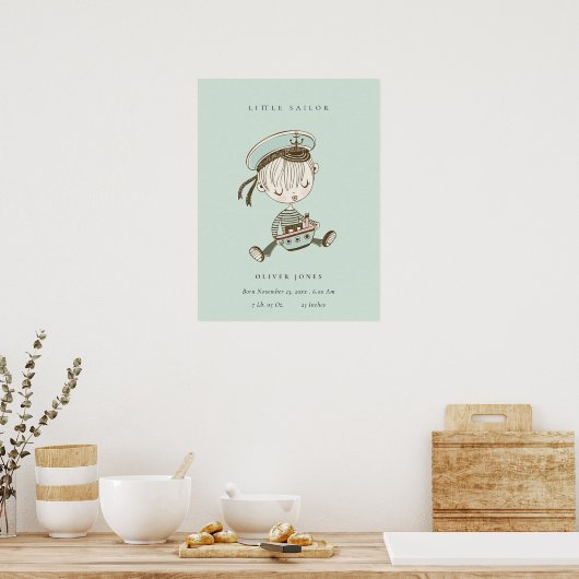 Aqua Blue Boys Little Sailor Nautical Birth Stat Poster (Küche)