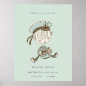 Aqua Blue Boys Little Sailor Nautical Birth Stat Poster (Vorne)