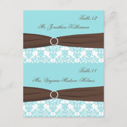 Aqua Blue, Brown, White Damask Platzkarten Postkarte (Vorderseite)