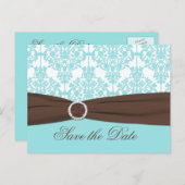 Aqua Blue, Brown, White Damask Save the Date Card Ankündigungspostkarte (Vorne/Hinten)