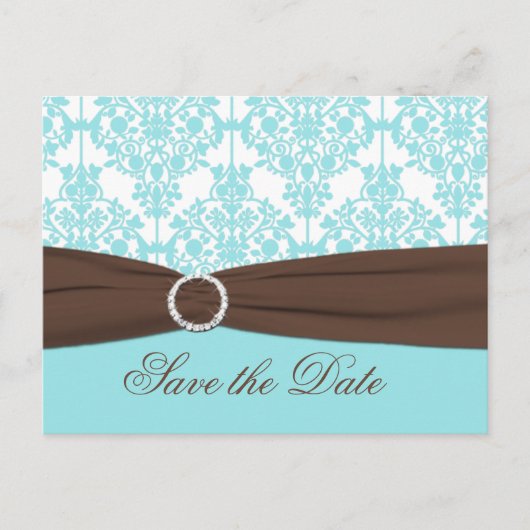 Aqua Blue, Brown, White Damask Save the Date Card Ankündigungspostkarte (Vorderseite)
