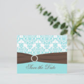 Aqua Blue, Brown, White Damask Save the Date Card Ankündigungspostkarte (Stehend Vorderseite)
