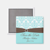 Aqua Blue, Brown, White Damask Save the Date Magnet (Vorderseite/Rückseite)