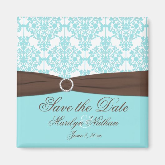 Aqua Blue, Brown, White Damask Save the Date Magnet (Vorne)