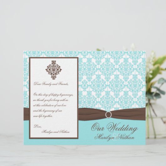 Aqua Blue, Brown, White Damask Wedding Program (Stehend Vorderseite)