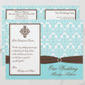 Aqua Blue, Brown, White Damask Wedding Program (Vorne/Hinten)