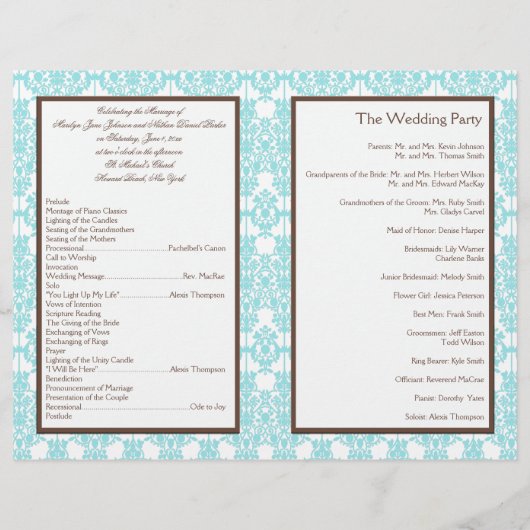 Aqua Blue, Brown, White Damask Wedding Program (Rückseite)
