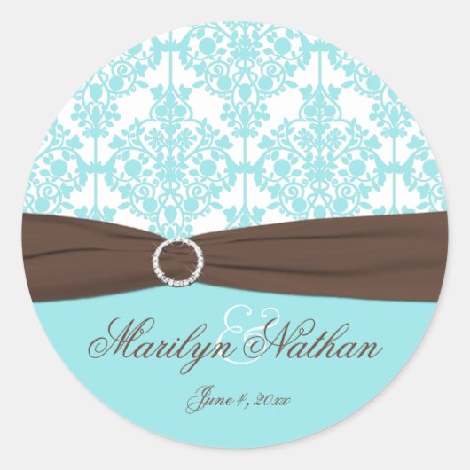 Aqua Blue, Brown, White Damask Wedding Sticker (Vorderseite)
