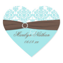 Aqua Blue, Brown, White Damask Wedding Sticker