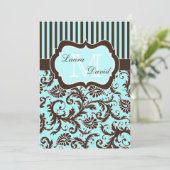 Aqua Blue Brown White Striped Damask Einladung II (Stehend Vorderseite)