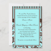 Aqua Blue Brown White Striped Damask Einladung II (Rückseite)