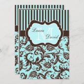 Aqua Blue Brown White Striped Damask Einladung II (Vorne/Hinten)