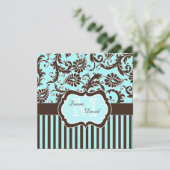 Aqua Blue Brown White Striping Damask Einladung (Stehend Vorderseite)