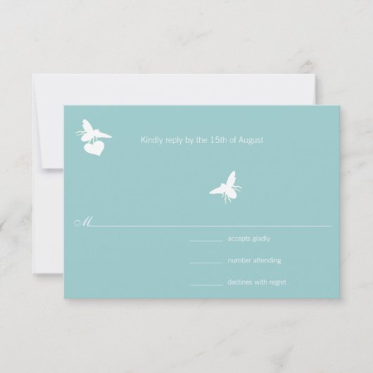 Aqua Blue Bumble Bee Heart Wedding RSVP Karte (Vorderseite)
