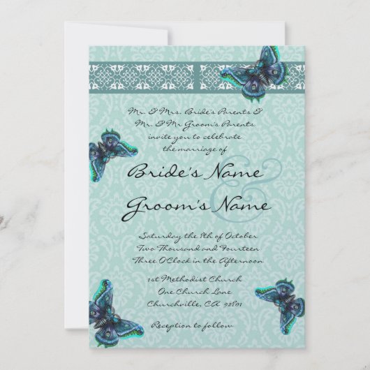 Aqua Blue Butterfells Damask Hochzeit Einladung (Vorderseite)