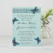 Aqua Blue Butterfells Damask Hochzeit Einladung (Stehend Vorderseite)