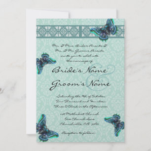 Aqua Blue Butterfells Damask Hochzeit Einladung