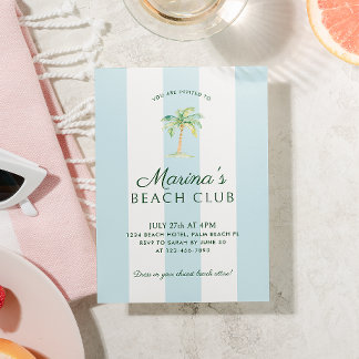Aqua Blue Cabana Stripes Palm Beach Club Einladung