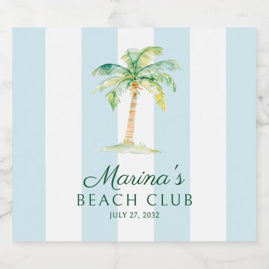 Aqua Blue Cabana Stripes Palm Beach Club Schaumweinetikett (Einzelnes Label)