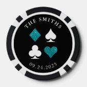 Aqua Blue Card Anzug Hochzeitdatum und Name Gefäll Pokerchips (Rückseite)