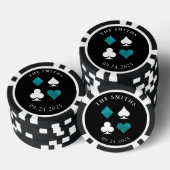 Aqua Blue Card Anzug Hochzeitdatum und Name Gefäll Pokerchips (Stapel)