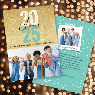 Aqua Blue Cheers 2025 Glitzer Chic New Year Foto Feiertagskarte