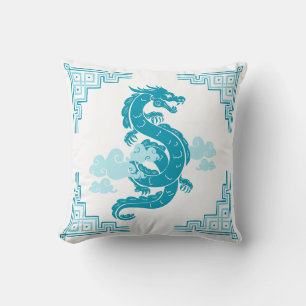 Aqua Blue Chinoiserie Dragon and Clouds Kissen