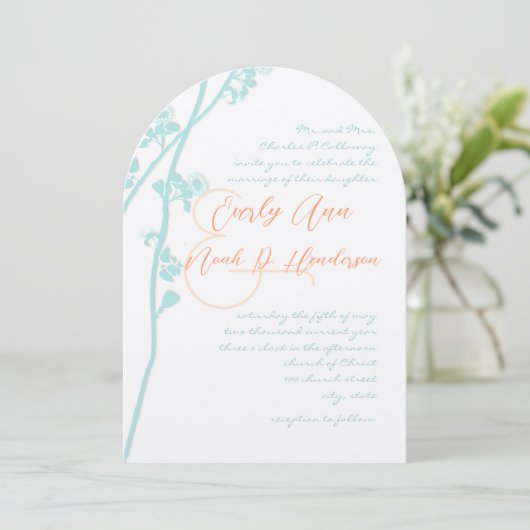 Aqua Blue Coral Blume Hochzeit Einladung (Stehend Vorderseite)
