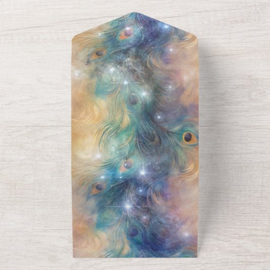 Aqua Blue Cream Peacock Feathers All In One Einladung (Außenbereich)