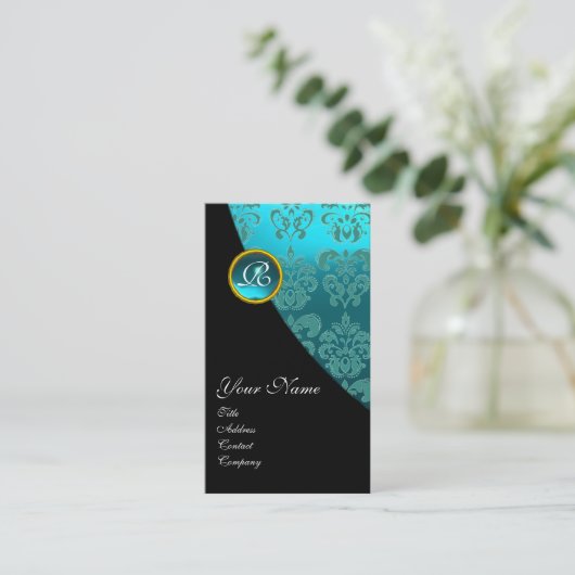 AQUA BLUE DAMASK GEMSTONE MONOGRAMM Black Aquamari Visitenkarte (Stehend Vorderseite)
