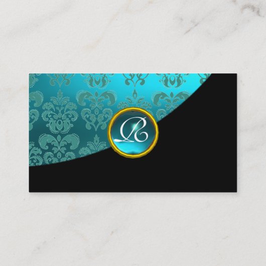 AQUA BLUE DAMASK GEMSTONE MONOGRAMM Black Aquamari Visitenkarte (Rückseite)