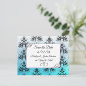 Aqua Blue Damask Hochzeit Save the Date Postkarte (Stehend Vorderseite)