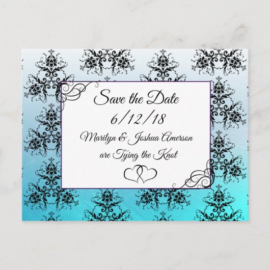 Aqua Blue Damask Hochzeit Save the Date Postkarte (Vorderseite)