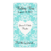 Aqua Blue Damask Mini Wine Label (Vorne)