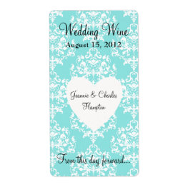 Aqua Blue Damask Mini Wine Label