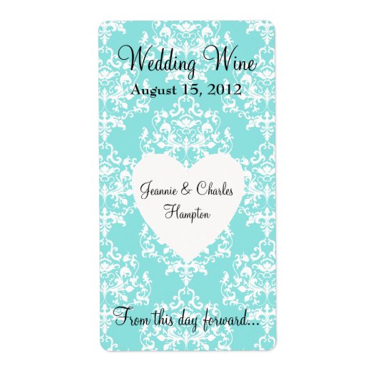 Aqua Blue Damask Mini Wine Label (Vorne)