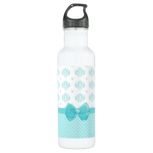 Aqua Blue Damask mit türkisfarbenem Ribbon Edelstahlflasche